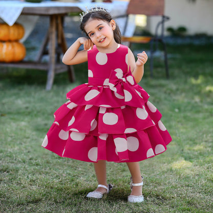 Robe Princesse Col Rond Volants pour Petite Fille d'Honneur avec Pois