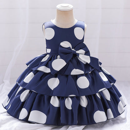Robe Princesse Col Rond Volants pour Petite Fille d'Honneur avec Pois