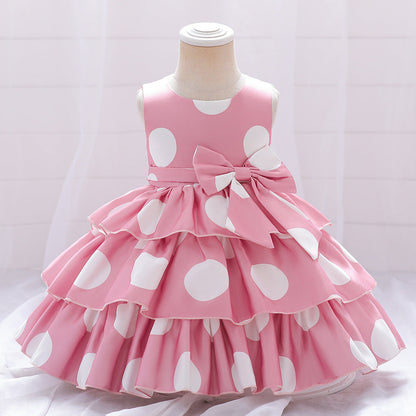 Robe Princesse Col Rond Volants pour Petite Fille d'Honneur avec Pois
