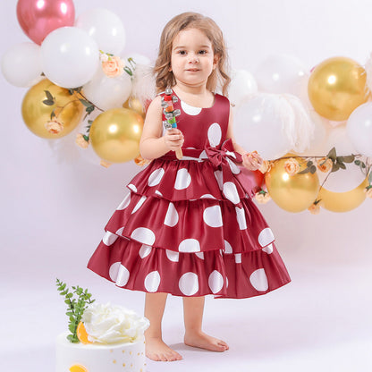 Robe Princesse Col Rond Volants pour Petite Fille d'Honneur avec Pois