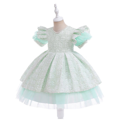 Robe Princesse Col en V Manches Bouffantes pour Petite Fille d'Honneur avec Perles