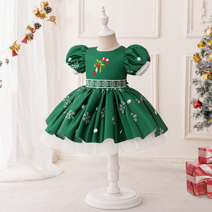 Robes de Noël Plissées à Manches Bouffantes et Coupe A-Line/Princess pour Filles