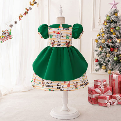 Robes de Noël Froncées à Manches Bouffantes et Coupe A-Line/Princess pour Filles