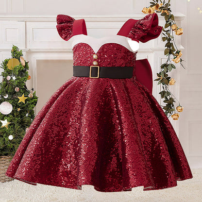 Robes de Noël Trapèze/Princesse à Manches Volantées pour Filles