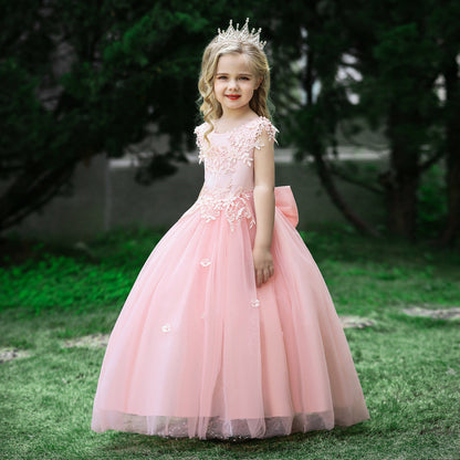 Robe Princesse Col Rond sans Manches pour Petite Fille d'Honneur avec Appliques