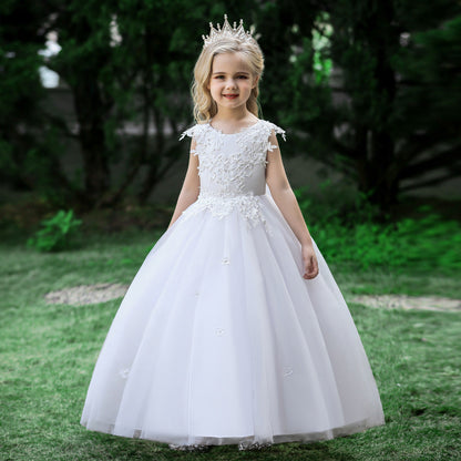 Robe Princesse Col Rond sans Manches pour Petite Fille d'Honneur avec Appliques