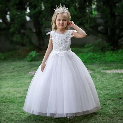 Robe Princesse Col Rond sans Manches pour Petite Fille d'Honneur avec Appliques