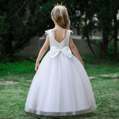 Robe Princesse Col Rond sans Manches pour Petite Fille d'Honneur avec Appliques