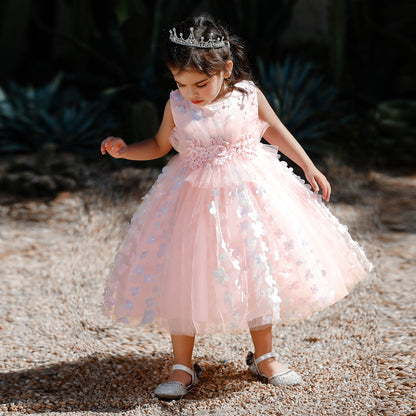 Robe Princesse Col Rond sans Manches pour Petite Fille d'Honneur avec Perles