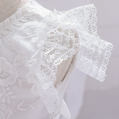 Robe de Bal à Manches Volantées et Décolleté Plongeant avec Appliques