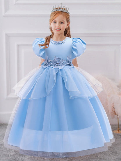 Robe de Bal à Manches Bouffantes et Col Rond Pour Demoiselled'Honneur avec Fleurs Unies