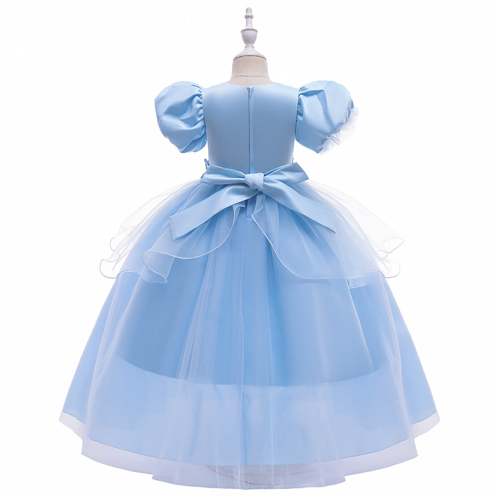 Robe de Bal à Manches Bouffantes et Col Rond Pour Demoiselled'Honneur avec Fleurs Unies