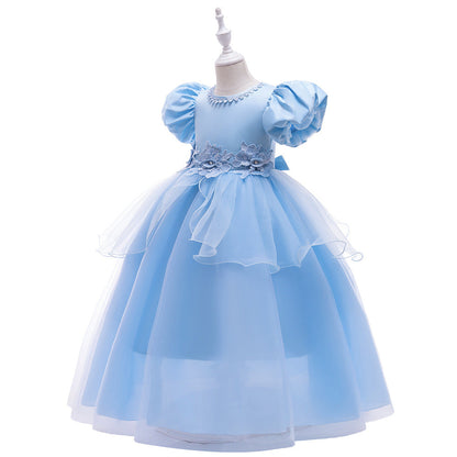 Robe de Bal à Manches Bouffantes et Col Rond Pour Demoiselled'Honneur avec Fleurs Unies
