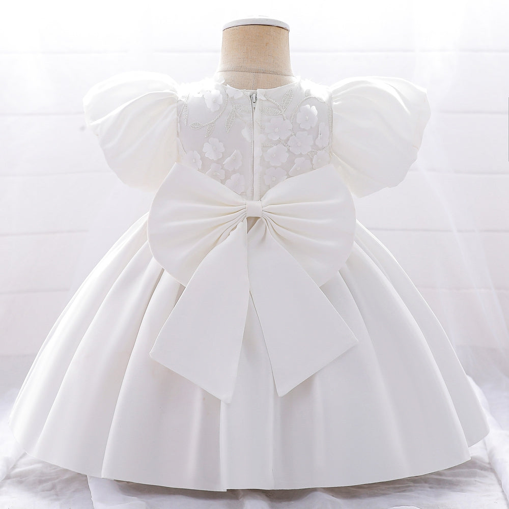 Robe de Bal à Manches Bouffantes et Col Rond Pour Demoiselled'Honneur avec Fleurs Unies