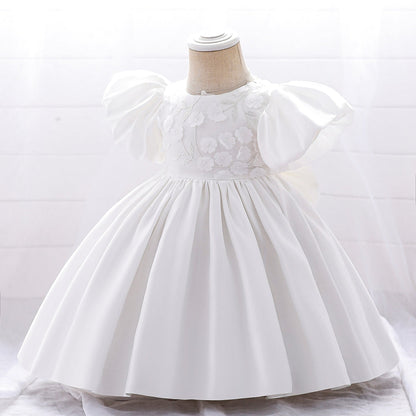 Robe de Bal à Manches Bouffantes et Col Rond Pour Demoiselled'Honneur avec Fleurs Unies