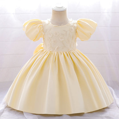 Robe de Bal à Manches Bouffantes et Col Rond Pour Demoiselled'Honneur avec Fleurs Unies