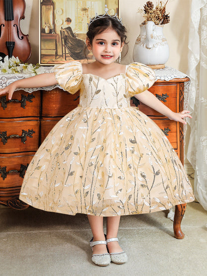 Robe de Bal à Manches Bouffantes et Paillettes Pour Demoiselled'Honneur