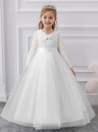 Robe de Bal à Manches Longues et Décolleté Plongeant avec Dentelle