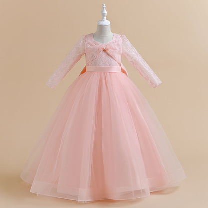 Robe de Bal à Manches Longues et Décolleté Plongeant avec Dentelle