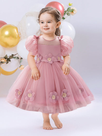 Robe de Bal à Manches Bouffantes et Col Rond Pour Demoiselled'Honneur avec Fleurs Unies