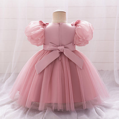 Robe de Bal à Manches Bouffantes et Col Rond Pour Demoiselled'Honneur avec Fleurs Unies