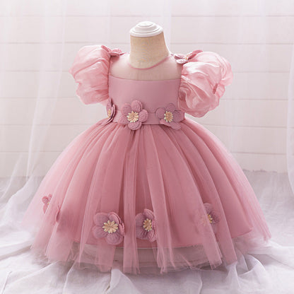 Robe de Bal à Manches Bouffantes et Col Rond Pour Demoiselled'Honneur avec Fleurs Unies