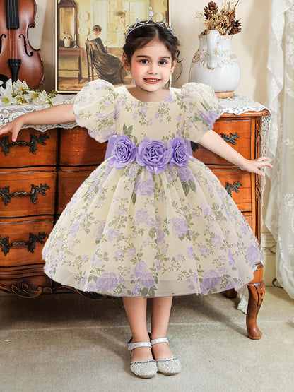 Robe de Bal à Manches Bouffantes et Col Rond Pour Demoiselled'Honneur avec Fleurs Unies