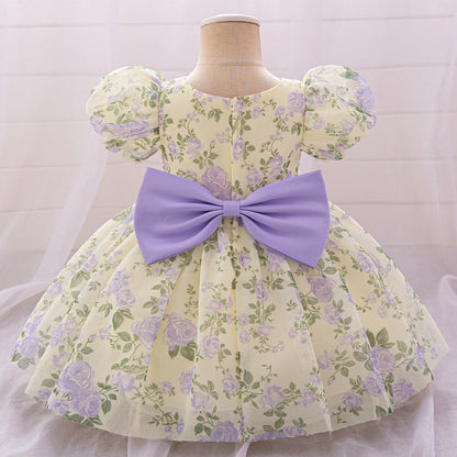 Robe de Bal à Manches Bouffantes et Col Rond Pour Demoiselled'Honneur avec Fleurs Unies