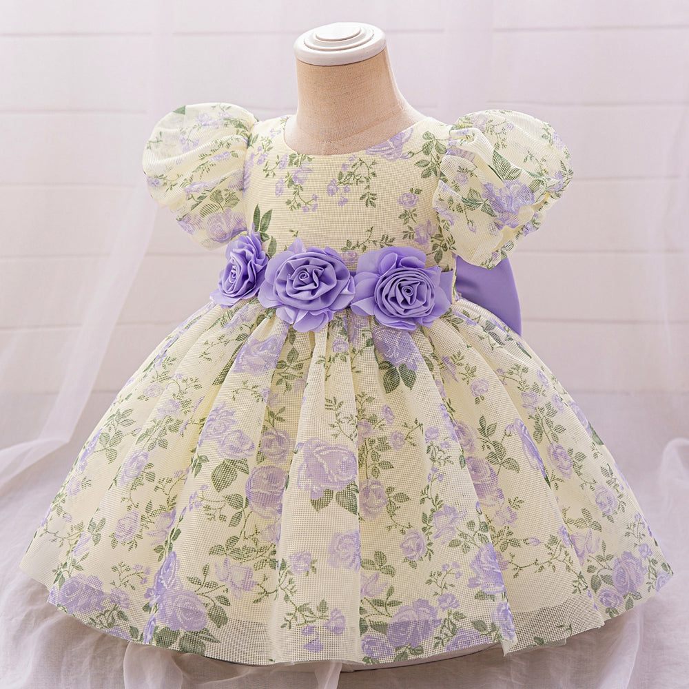 Robe de Bal à Manches Bouffantes et Col Rond Pour Demoiselled'Honneur avec Fleurs Unies