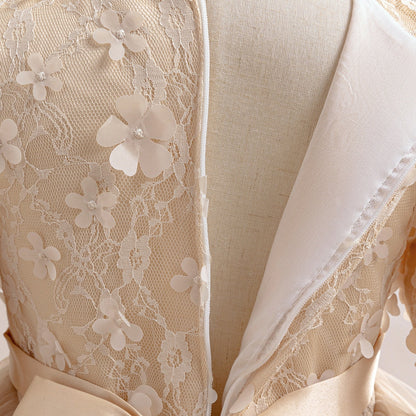 Robe de Bal à Manches Longues et Décolleté Plongeant avec Dentelle