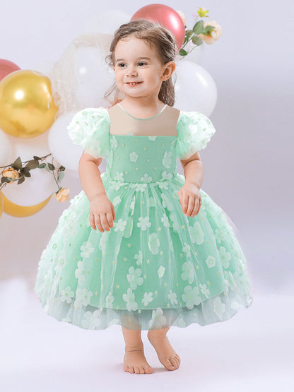Robe de Bal à Manches Bouffantes et Col Rond Pour Demoiselled'Honneur avec Fleurs Unies