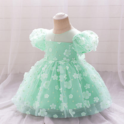 Robe de Bal à Manches Bouffantes et Col Rond Pour Demoiselled'Honneur avec Fleurs Unies