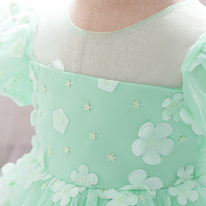 Robe de Bal à Manches Bouffantes et Col Rond Pour Demoiselled'Honneur avec Fleurs Unies