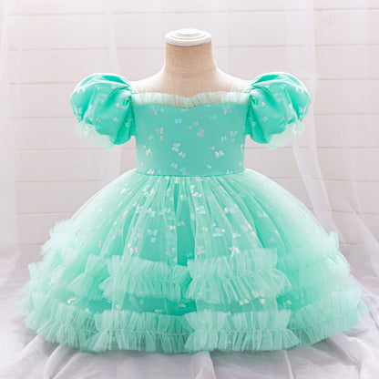 Robe de Bal à Manches Bouffantes et à Volants Pour Demoiselled'Honneur