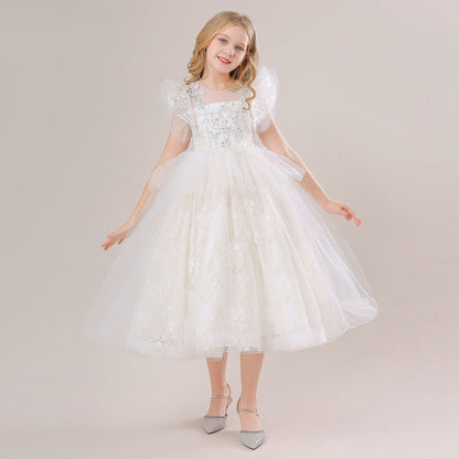 Robe de Bal à Manches Volantées et Paillettes Pour Demoiselled'Honneur