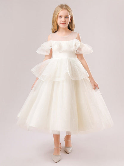 Robe de Bal à Épaules Dénudées et Manches Courtes à Volants Pour Demoiselled'Honneur