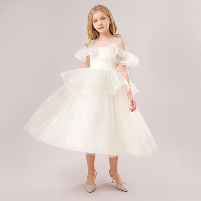 Robe de Bal à Épaules Dénudées et Manches Courtes à Volants Pour Demoiselled'Honneur