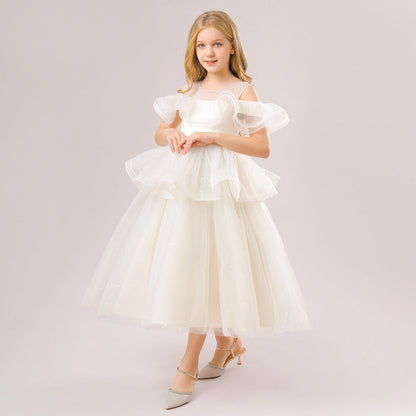 Robe de Bal à Épaules Dénudées et Manches Courtes à Volants Pour Demoiselled'Honneur