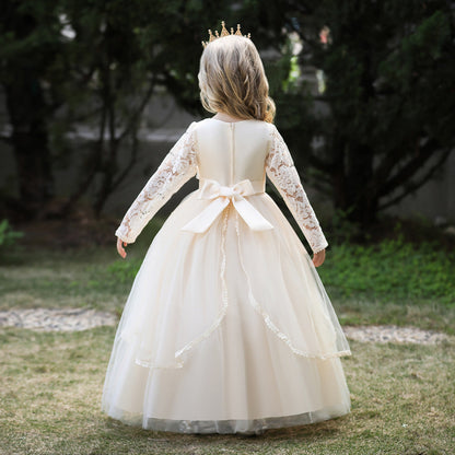 Robe de Bal à Manches Longues et Col Rond en Dentelle Pour Demoiselled'Honneur