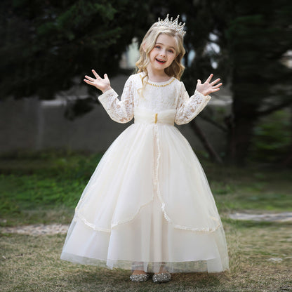 Robe de Bal à Manches Longues et Col Rond en Dentelle Pour Demoiselled'Honneur
