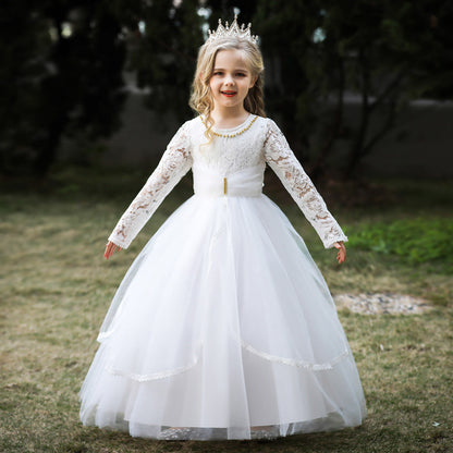 Robe de Bal à Manches Longues et Col Rond en Dentelle Pour Demoiselled'Honneur