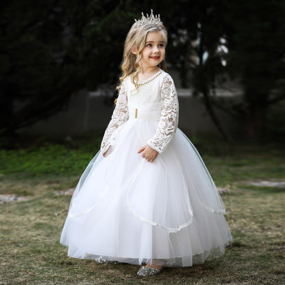 Robe de Bal à Manches Longues et Col Rond en Dentelle Pour Demoiselled'Honneur
