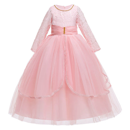 Robe de Bal à Manches Longues et Col Rond en Dentelle Pour Demoiselled'Honneur