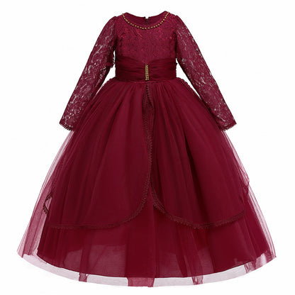 Robe de Bal à Manches Longues et Col Rond en Dentelle Pour Demoiselled'Honneur