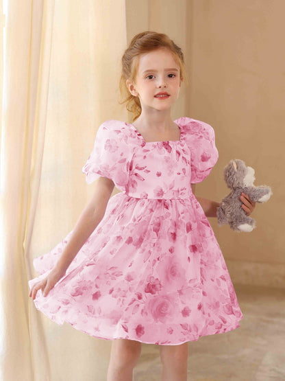 Robe Princesse Col Carré Manches Bouffantes avec Imprimé Floral pour Petite Fille d'Honneur