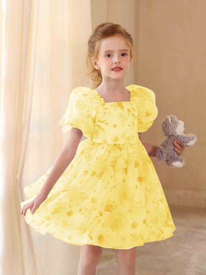 Robe Princesse Col Carré Manches Bouffantes avec Imprimé Floral pour Petite Fille d'Honneur
