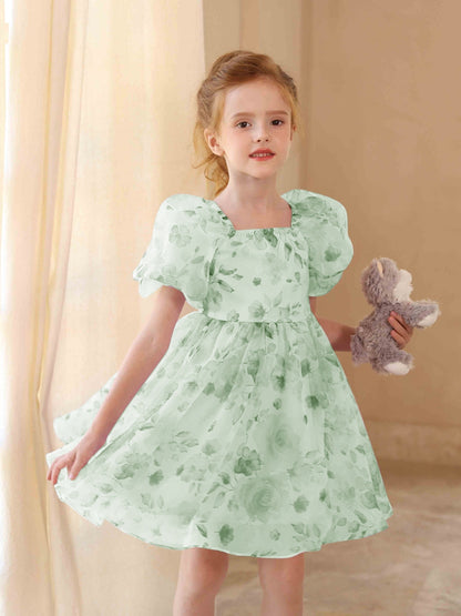 Robe Princesse Col Carré Manches Bouffantes avec Imprimé Floral pour Petite Fille d'Honneur