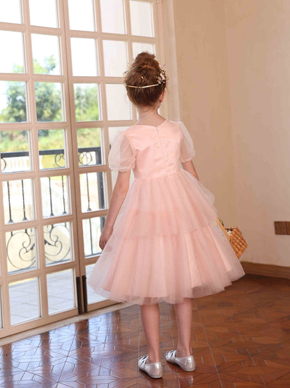 Robe Princesse Col Rond Manches Bouffantes pour Petite Fille d'Honneur avec Tulle Superposé