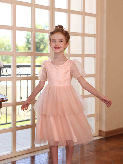 Robe Princesse Col Rond Manches Bouffantes pour Petite Fille d'Honneur avec Tulle Superposé