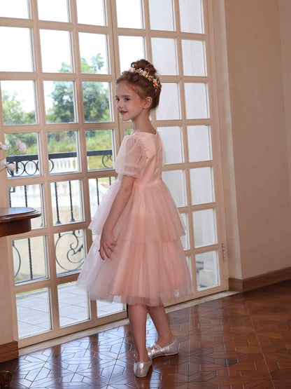 Robe Princesse Col Rond Manches Bouffantes pour Petite Fille d'Honneur avec Tulle Superposé